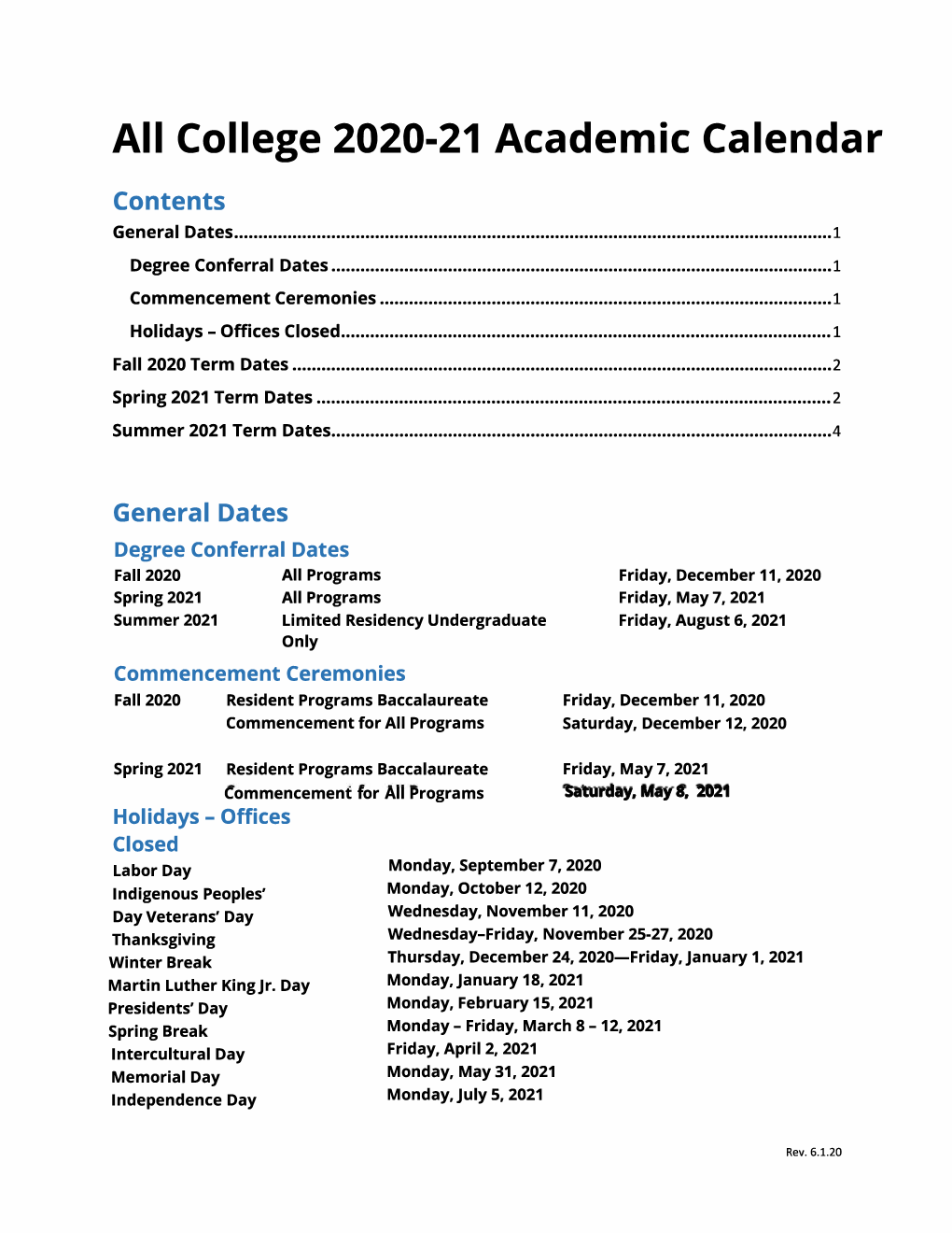 All College 2020-21 Academic Calendar