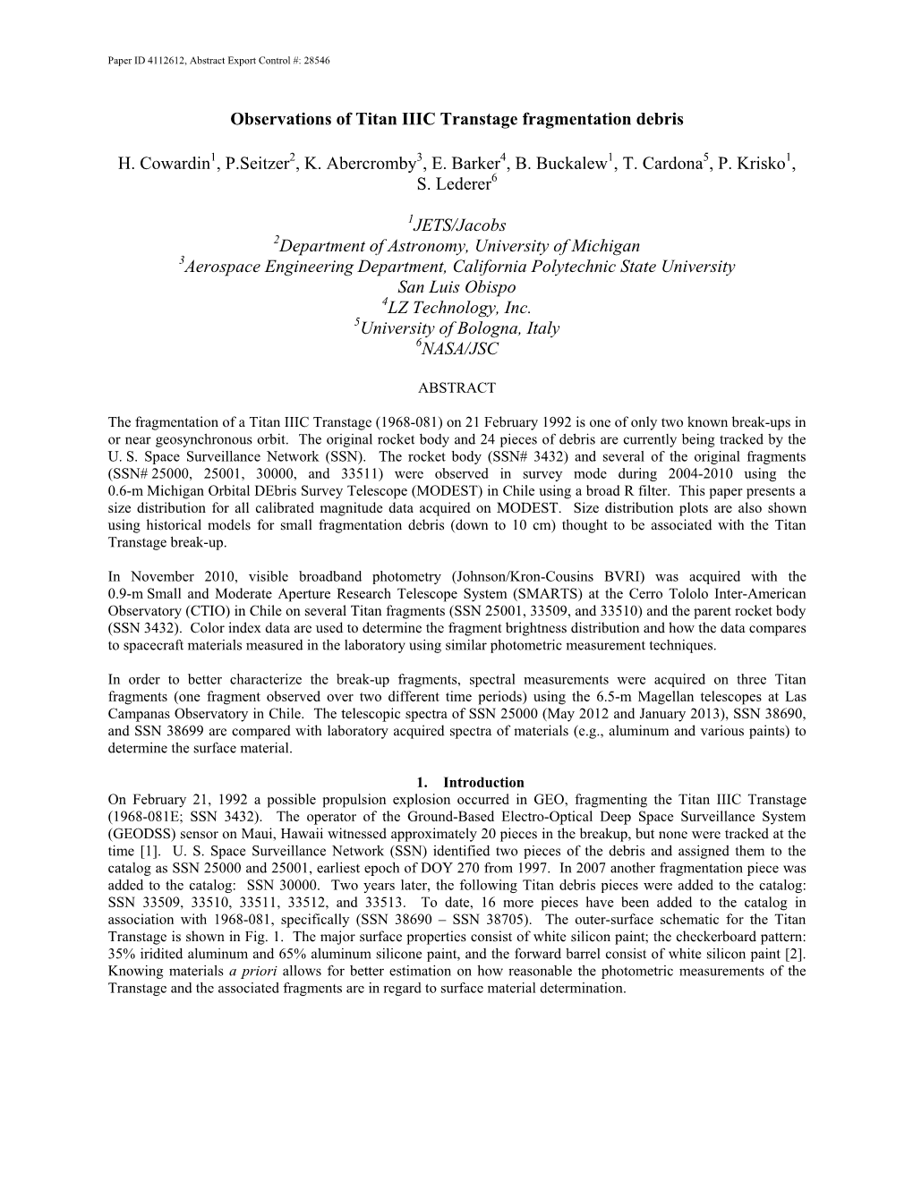 Observations of Titan IIIC Transtage Fragmentation Debris H. Cowardin1