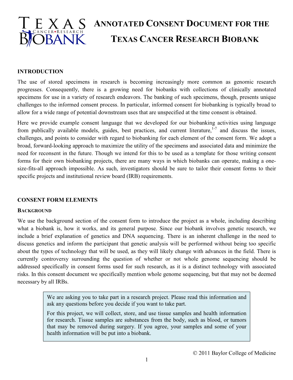 Annotated Consent Document for the Texas Cancer Research Biobank