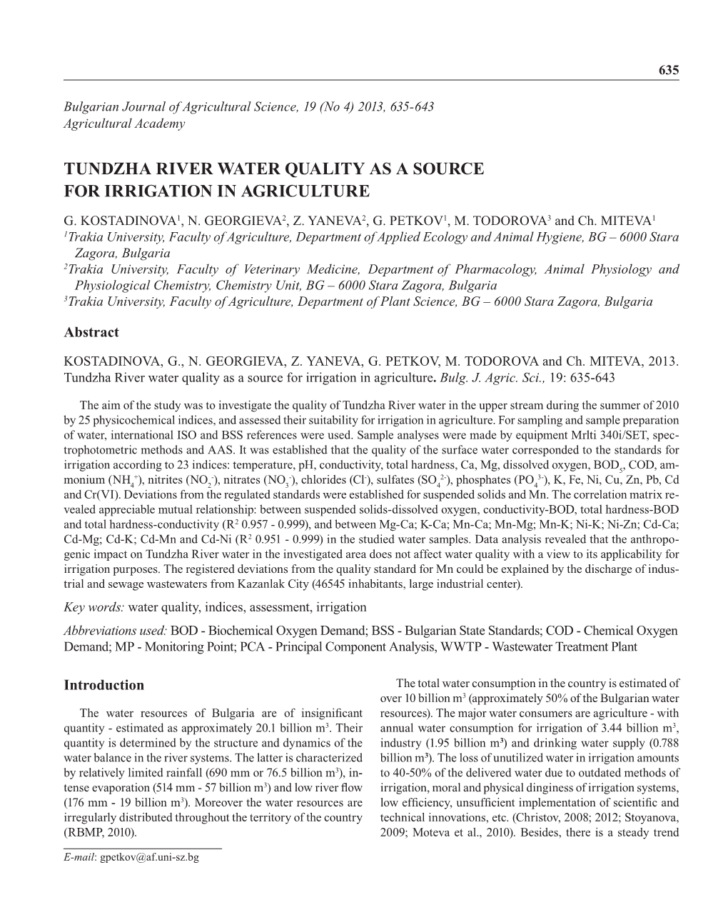 Tundzha River Water Quality As a Source for Irrigation in Agriculture G