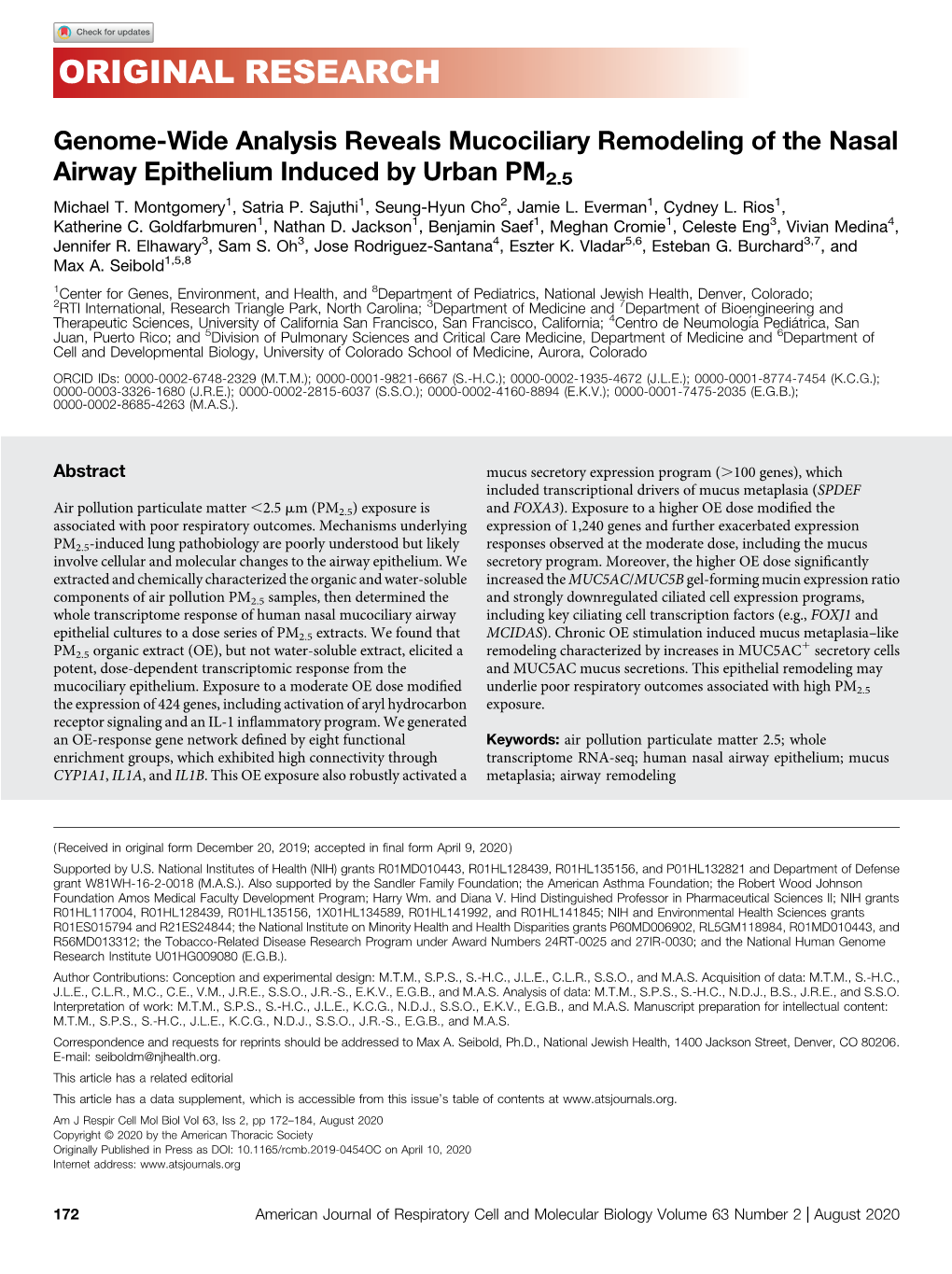 Genome-Wide Analysis Reveals Mucociliary Remodeling of the Nasal Airway Epithelium Induced by Urban PM2.5 Michael T