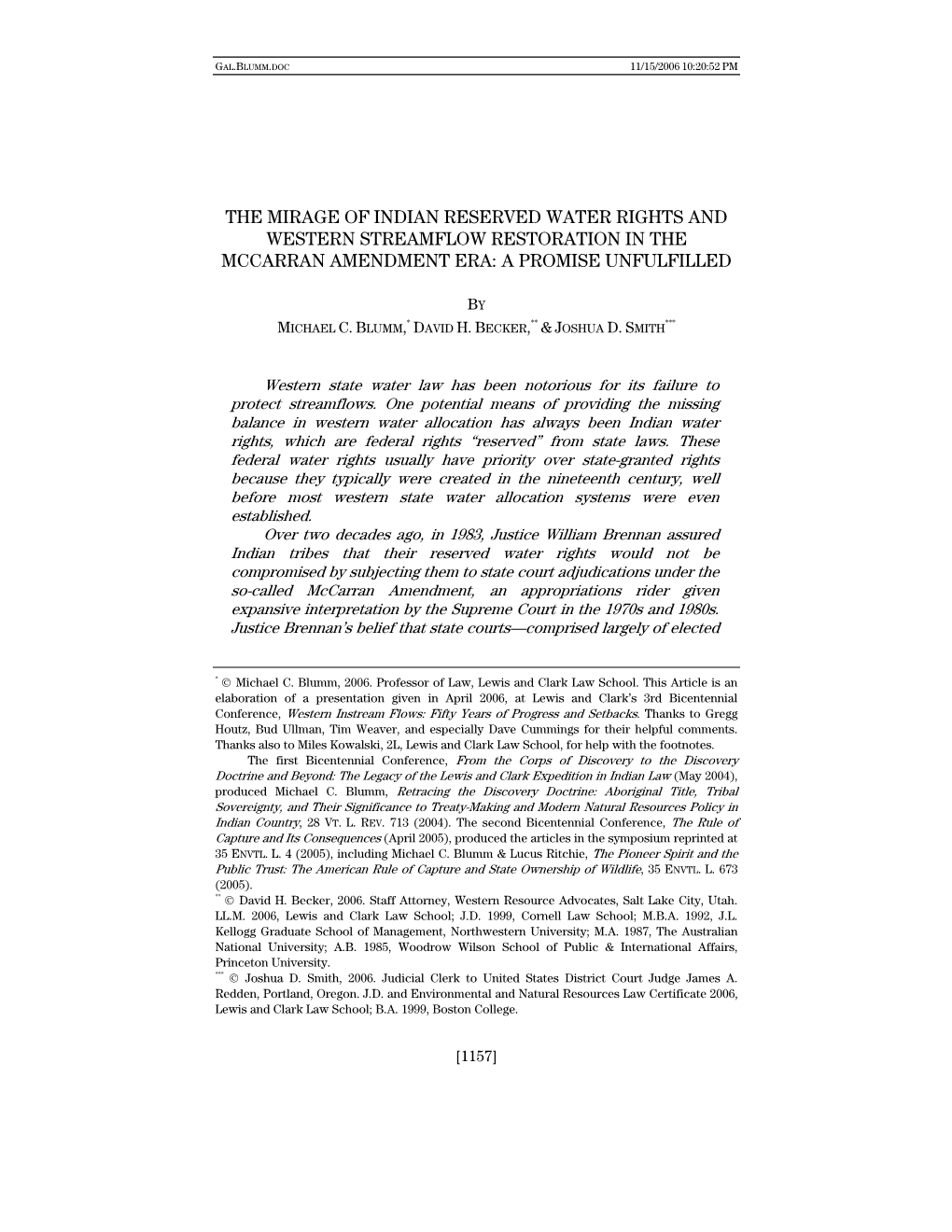 The Mirage of Indian Reserved Water Rights and Western Streamflow Restoration in the Mccarran Amendment Era: a Promise Unfulfilled