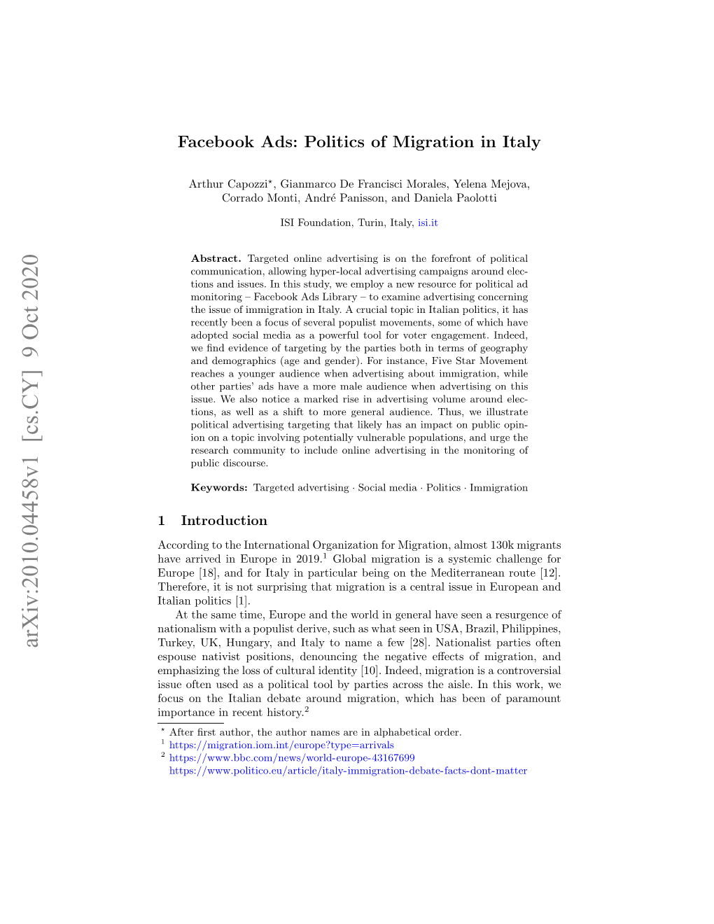 Facebook Ads: Politics of Migration in Italy