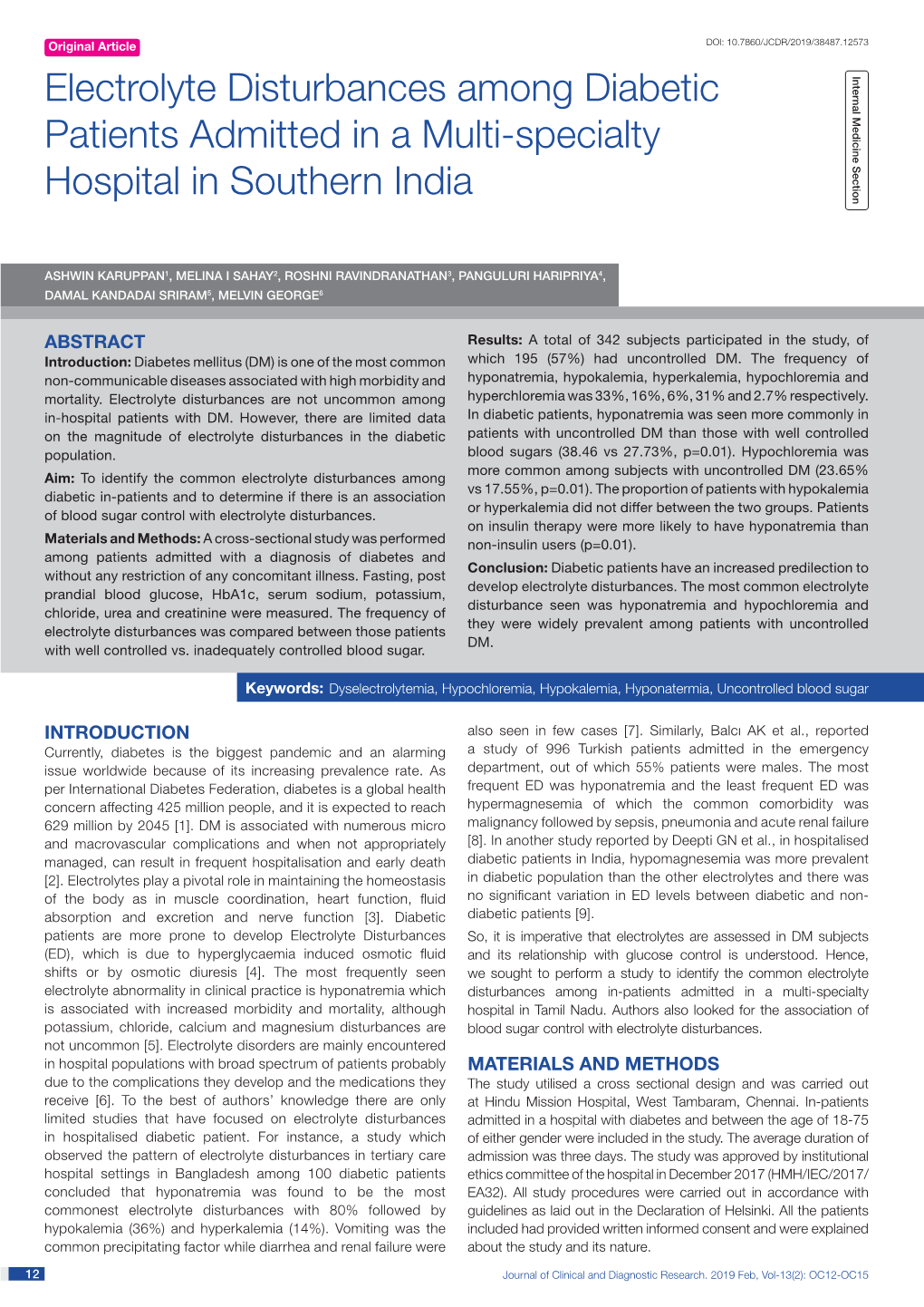 Electrolyte Disturbances Among Diabetic Patients Admitted in a Multi