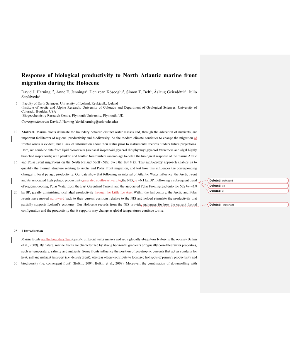Response of Biological Productivity to North Atlantic Marine Front Migration During the Holocene David J