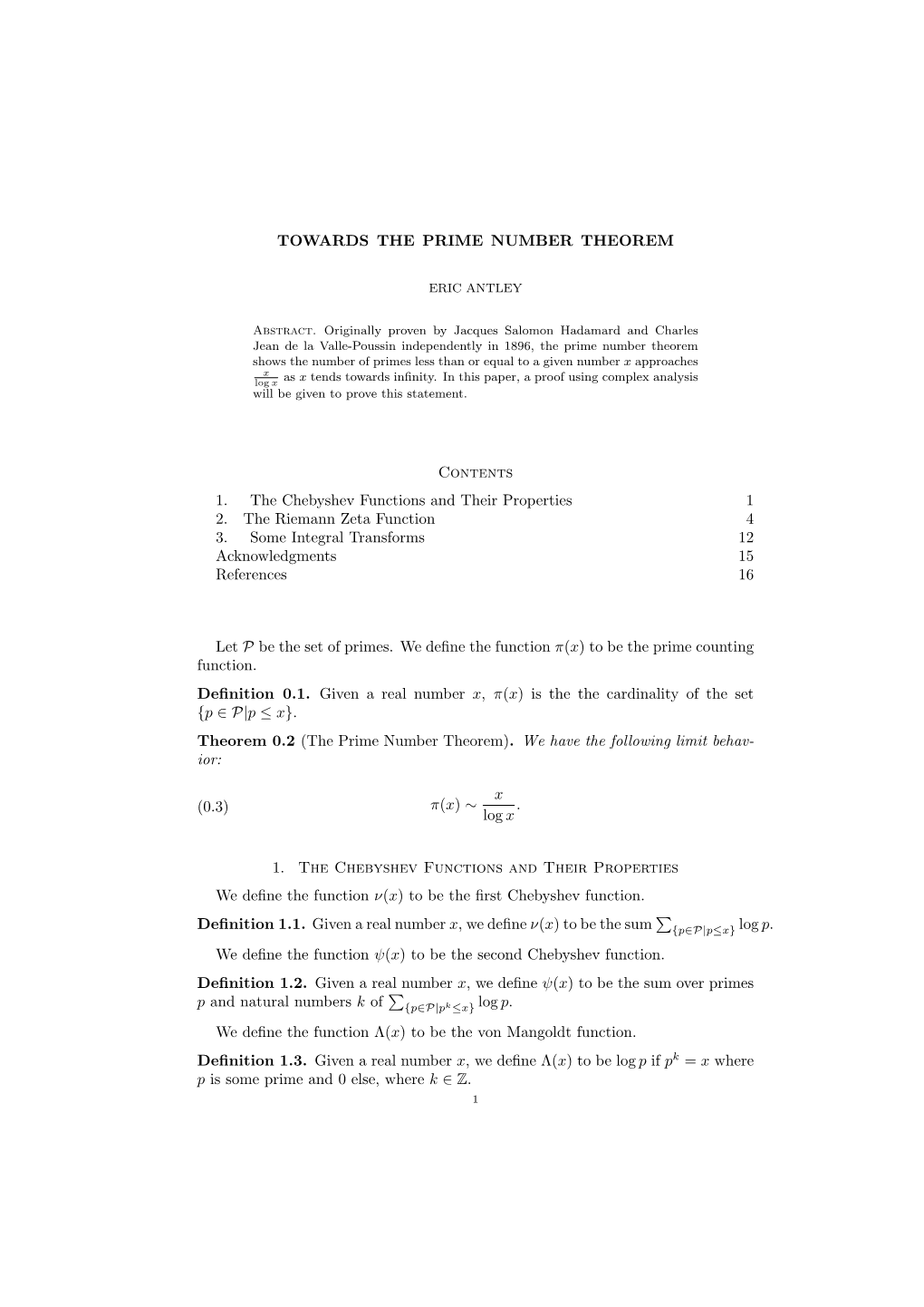 TOWARDS the PRIME NUMBER THEOREM Contents 1. The