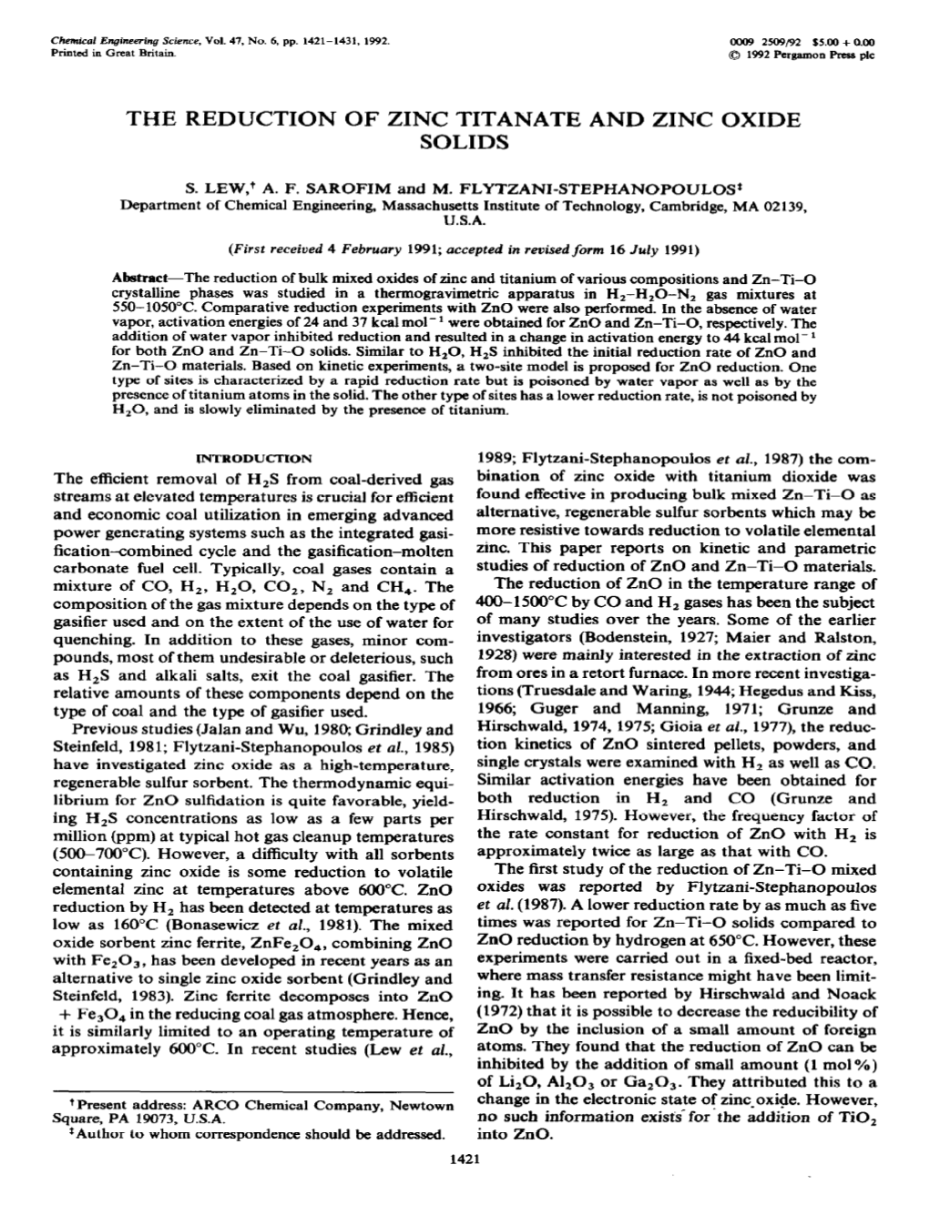 The Reduction of Zinc Titanate and Zinc Oxide Solids