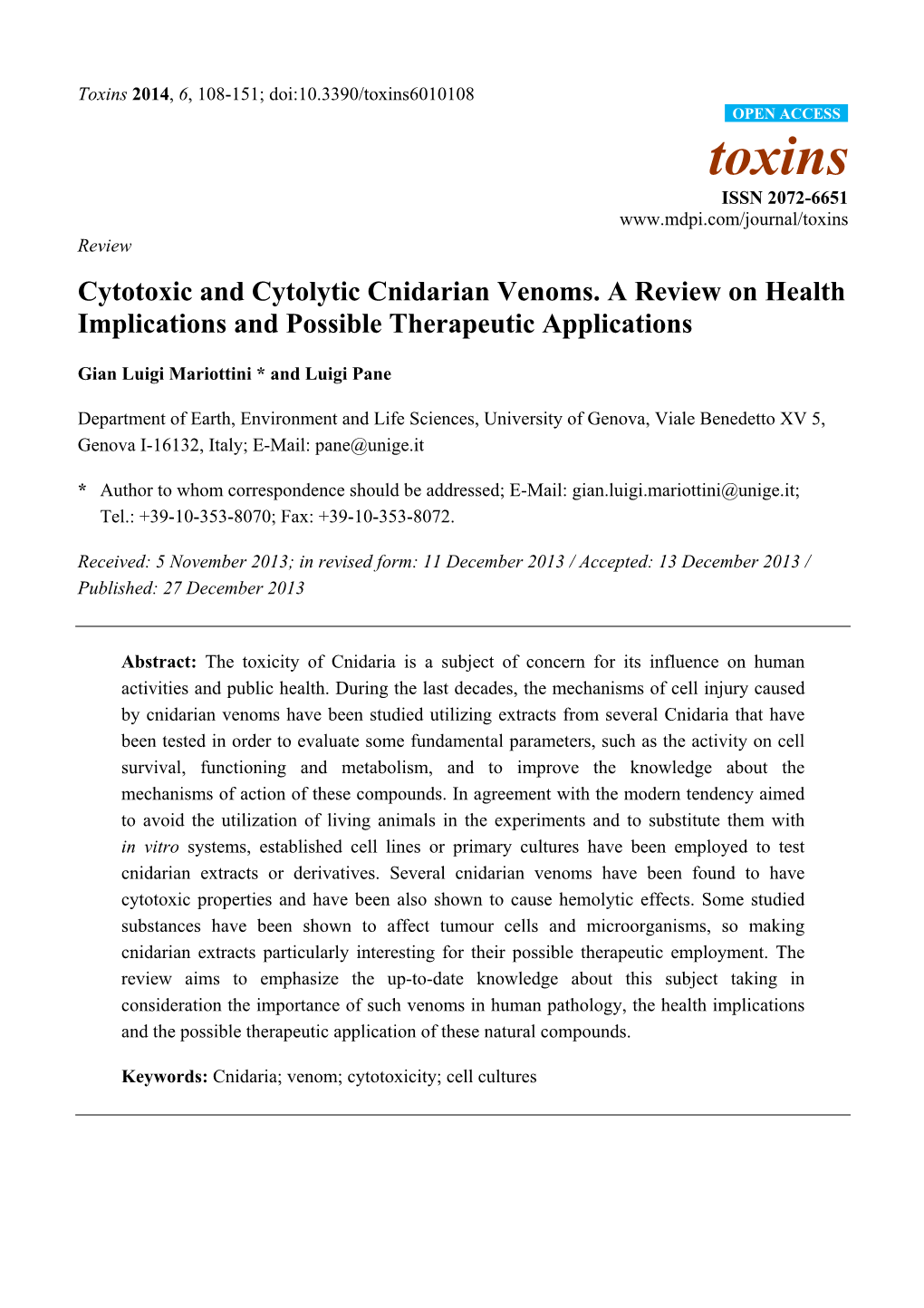 Cytotoxic and Cytolytic Cnidarian Venoms. a Review on Health Implications and Possible Therapeutic Applications