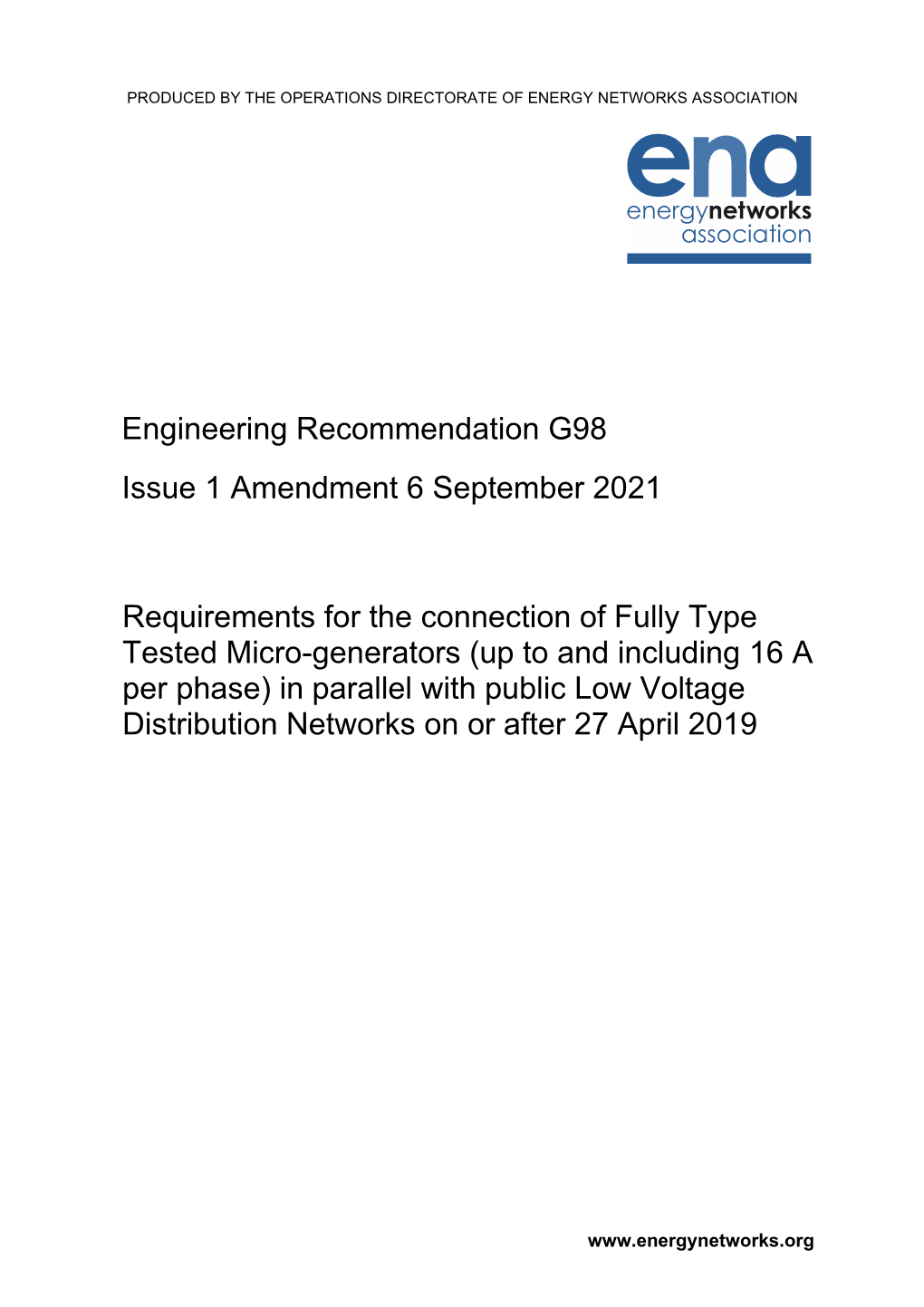 Engineering Recommendation G98 Issue 1 Amendment 6 September 2021
