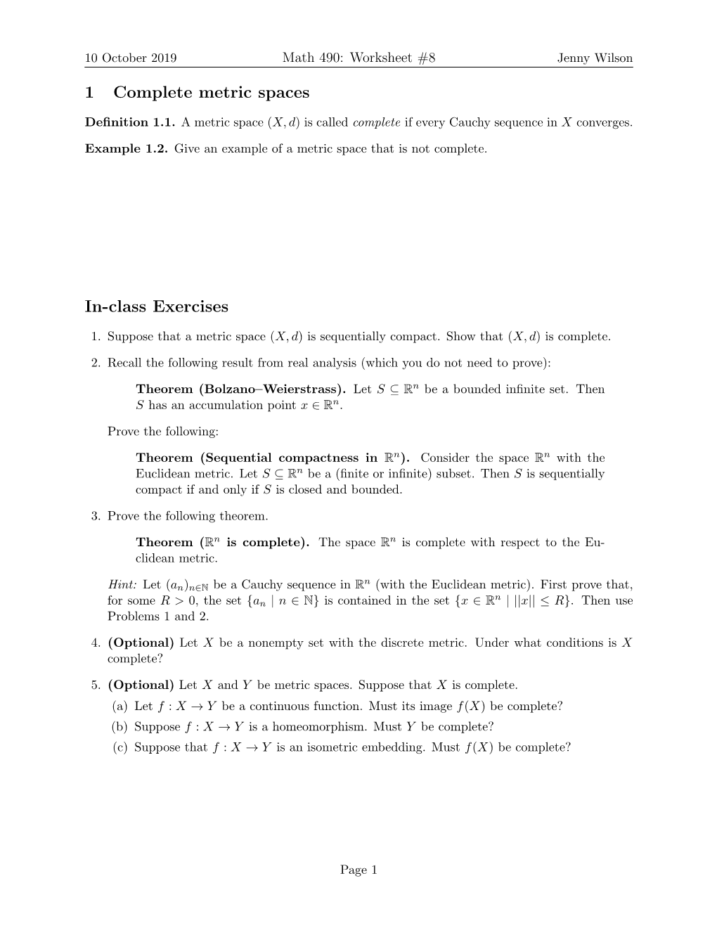 1 Complete Metric Spaces In-Class Exercises