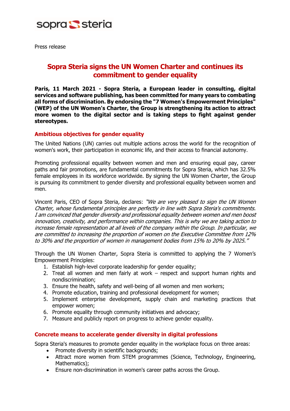 Sopra Steria Signs the UN Women Charter and Continues Its Commitment to Gender Equality