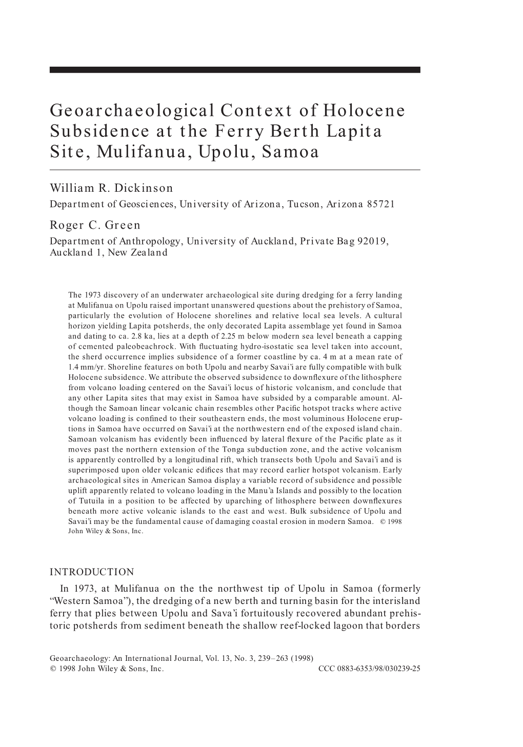 Geoarchaeological Context of Holocene Subsidence at the Ferry Berth Lapita Site, Mulifanua, Upolu, Samoa