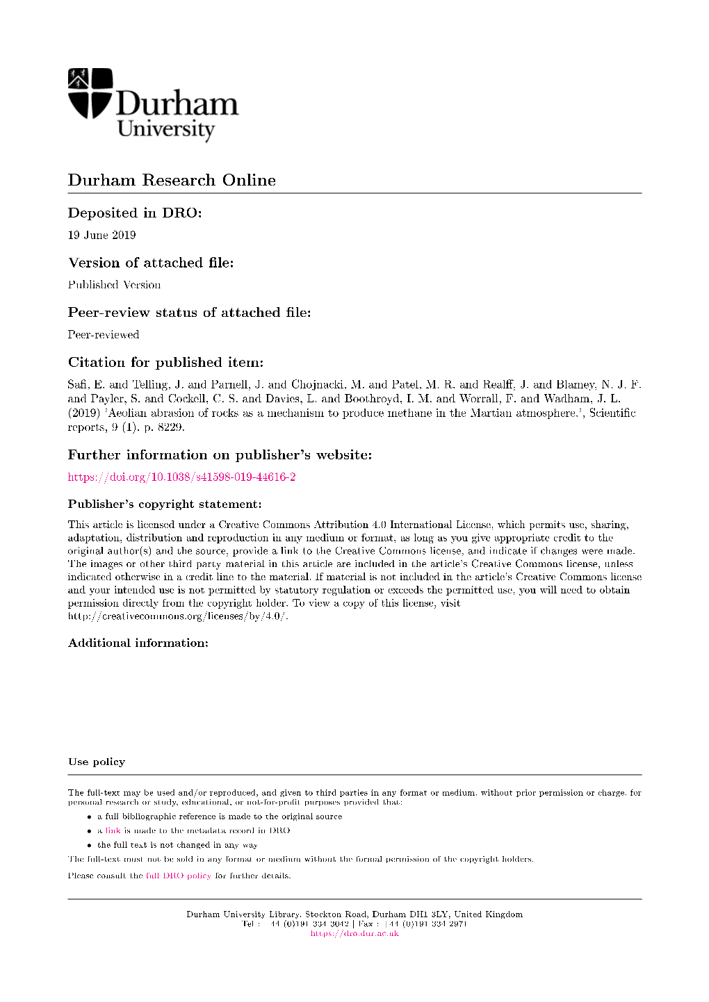 Aeolian Abrasion of Rocks As a Mechanism to Produce Methane in the Martian Atmosphere.', ScientiC Reports, 9 (1)