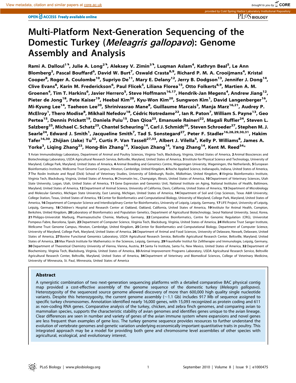 Domestic Turkey (Meleagris Gallopavo): Genome Assembly and Analysis