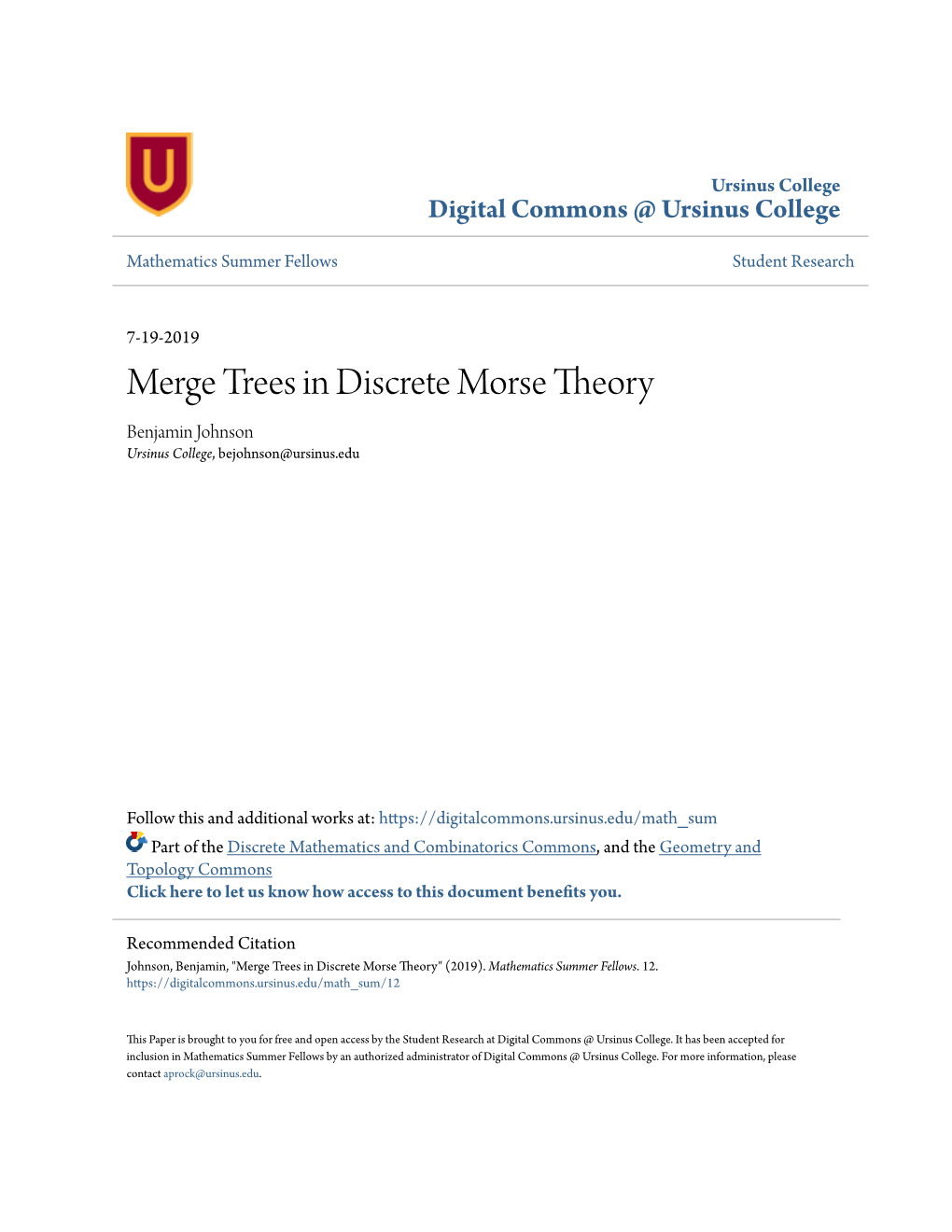 Merge Trees in Discrete Morse Theory Benjamin Johnson Ursinus College, Bejohnson@Ursinus.Edu
