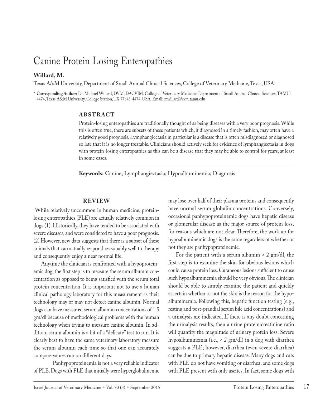 Canine Protein Losing Enteropathies Willard, M