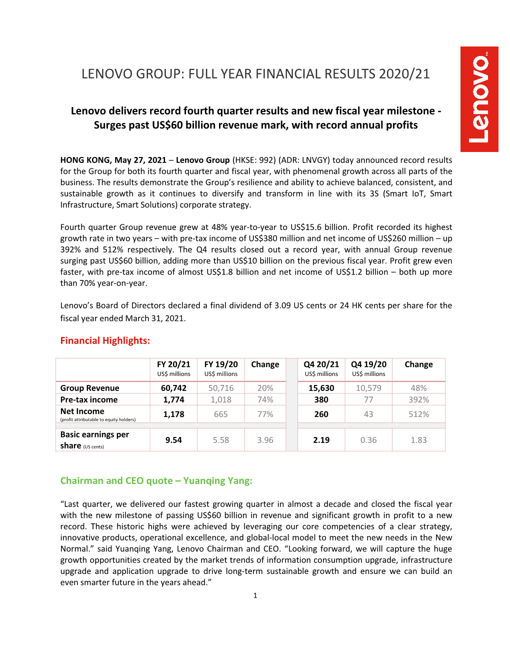 Lenovo Group: Full Year Financial Results 2020/21