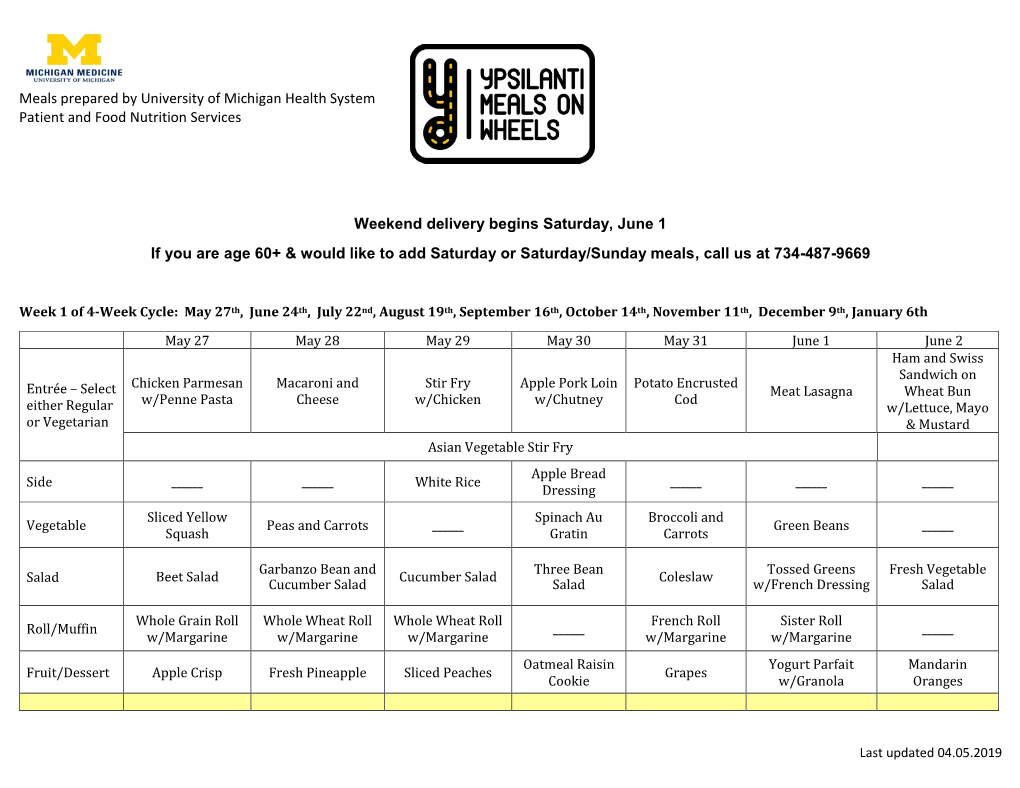 Meals Prepared by University of Michigan Health System Patient and Food Nutrition Services