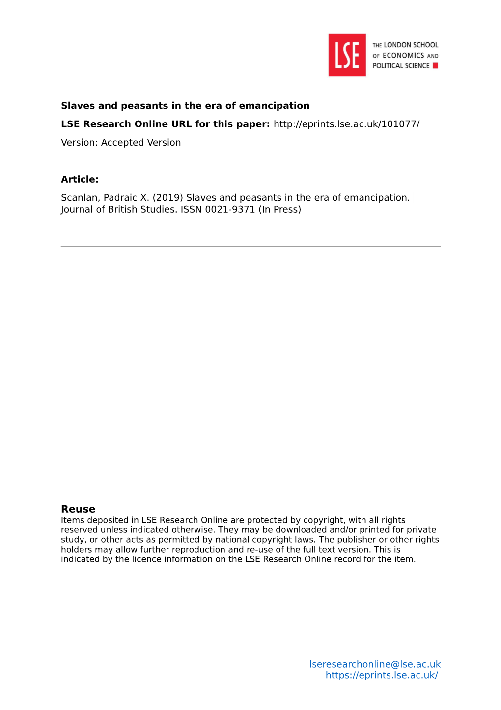 Slaves and Peasants in the Era of Emancipation LSE Research Online URL for This Paper: Version: Accepted Version