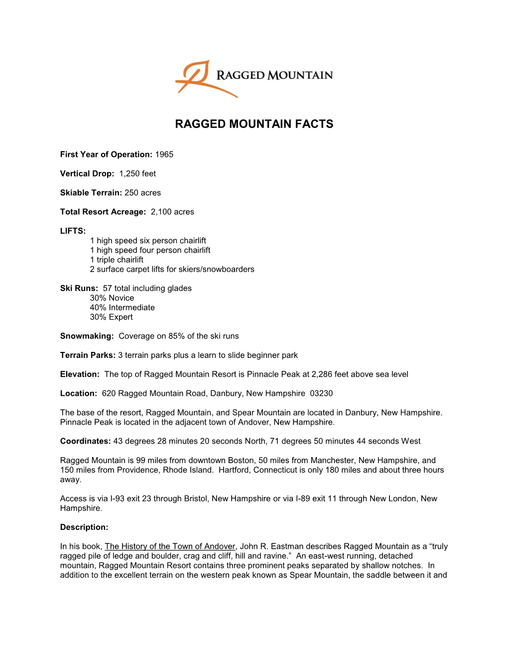 Ragged Mountain Resort Fact Sheet