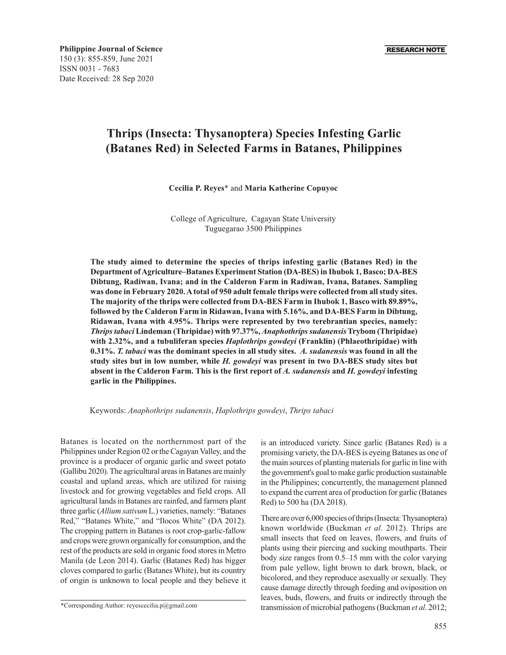 (Insecta: Thysanoptera) Species Infesting Garlic (Batanes Red) in Selected Farms in Batanes, Philippines