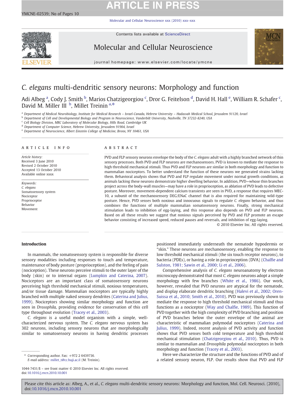 C. Elegans Multi-Dendritic Sensory Neurons: Morphology and Function