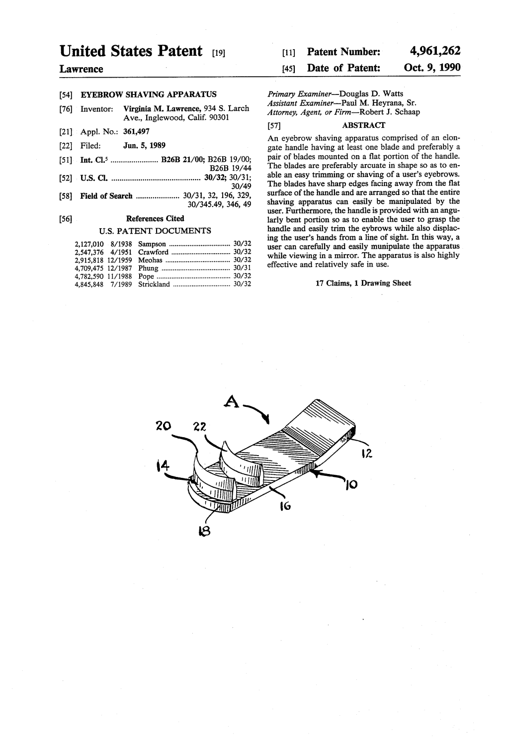 United States Patent [191 [11] Patent Number: 4,961,262