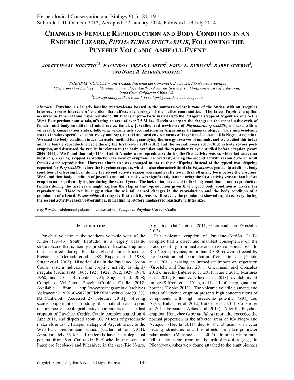 Changes in Female Reproduction and Body Condition in an Endemic Lizard, Phymaturus Spectabilis, Following the Puyehue Volcanic Ashfall Event