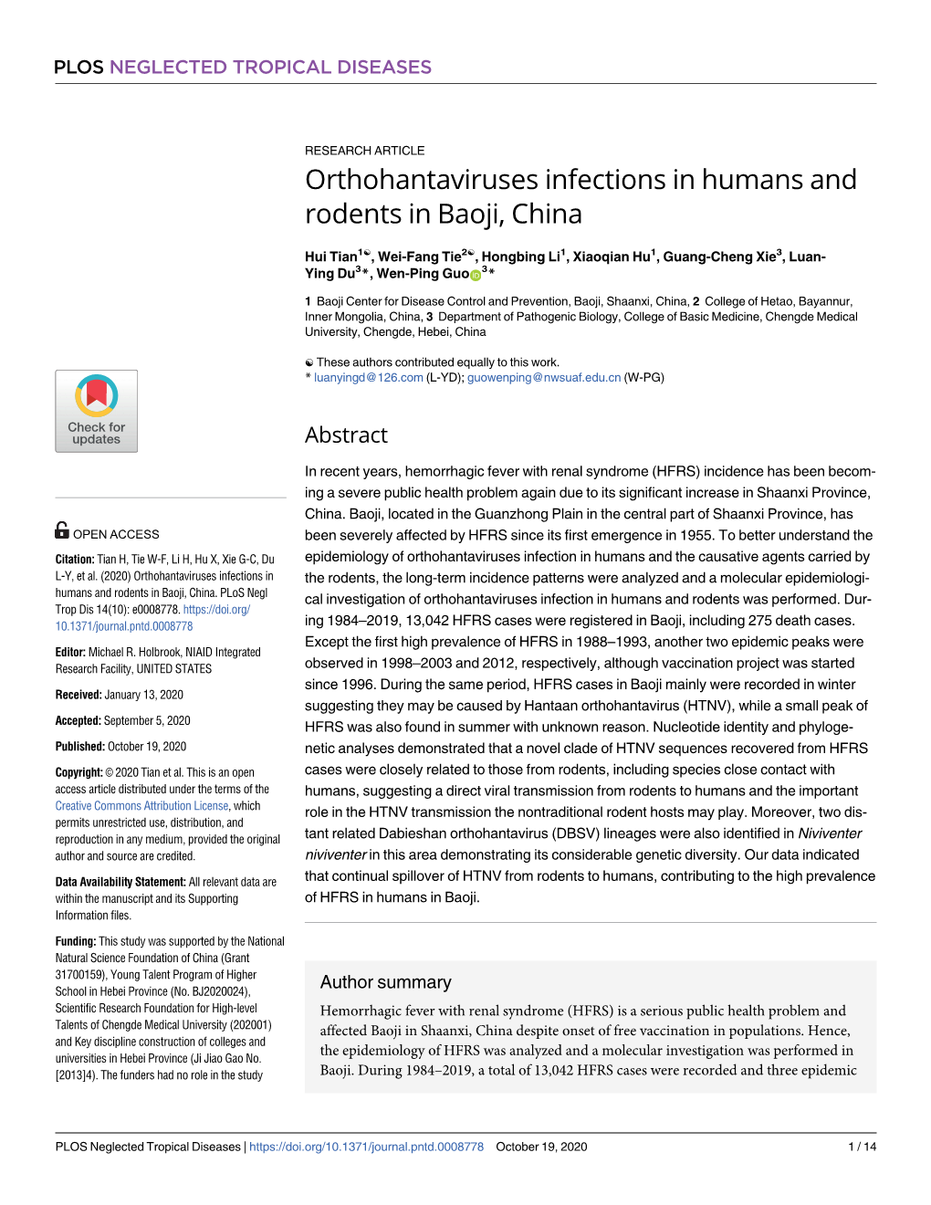 Orthohantaviruses Infections in Humans and Rodents in Baoji, China
