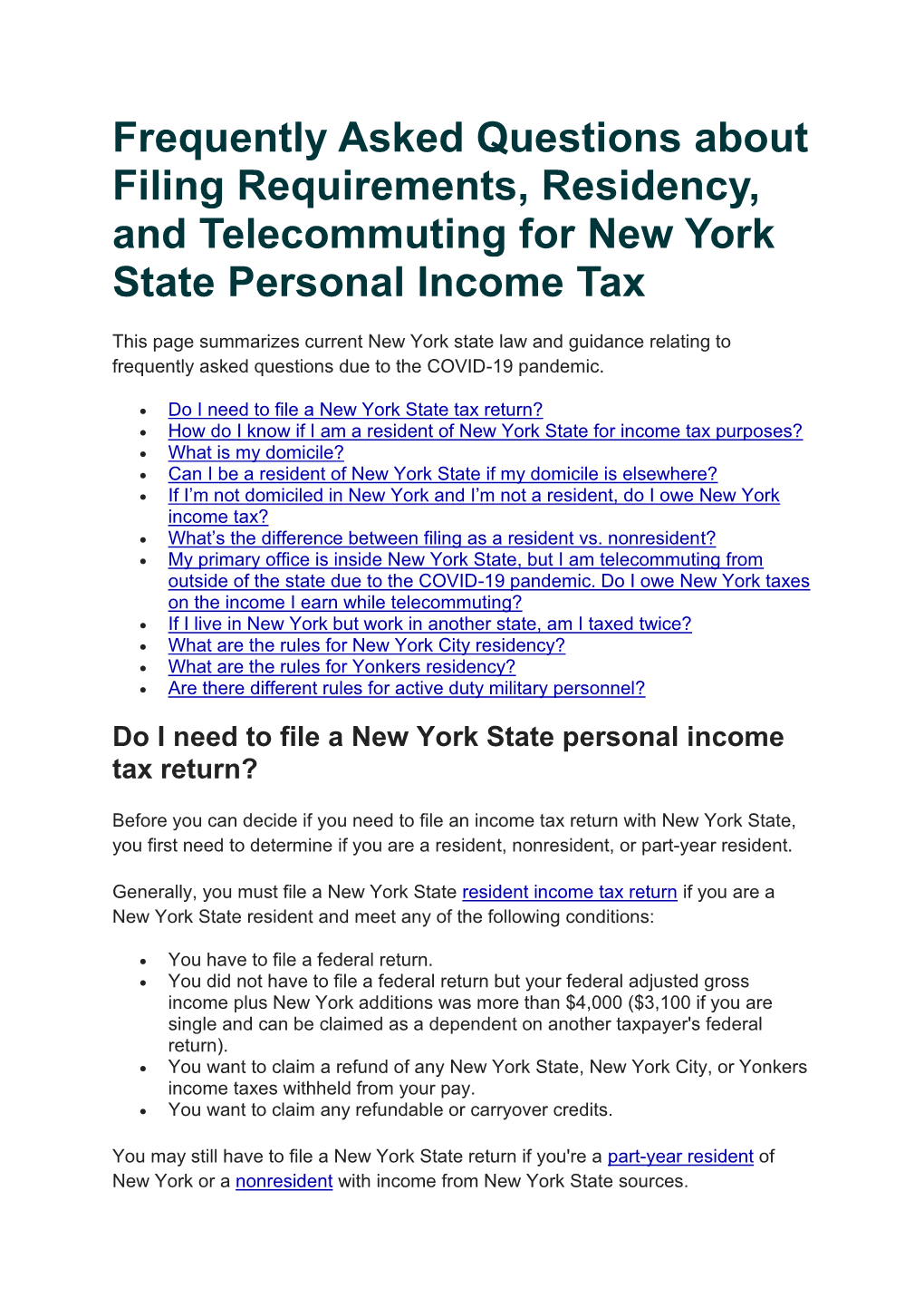 Frequently Asked Questions About Filing Requirements, Residency, and Telecommuting for New York State Personal Income Tax