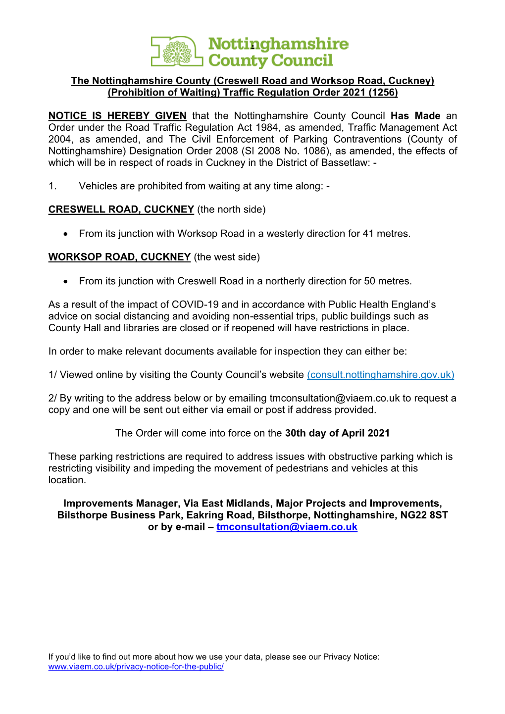 Creswell Road and Worksop Road, Cuckney) (Prohibition of Waiting) Traffic Regulation Order 2021 (1256