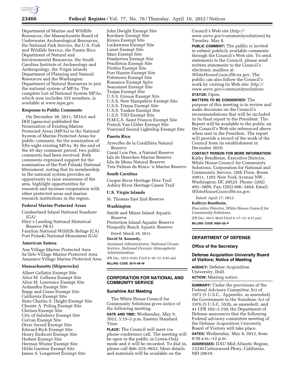 Federal Register/Vol. 77, No. 76/Thursday, April 19, 2012/Notices
