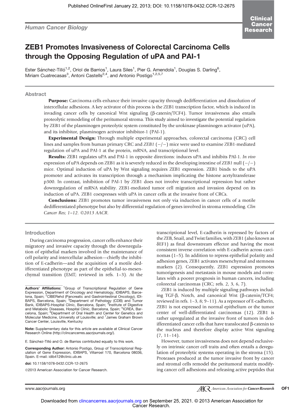 ZEB1 Promotes Invasiveness of Colorectal Carcinoma Cells Through the Opposing Regulation of Upa and PAI-1