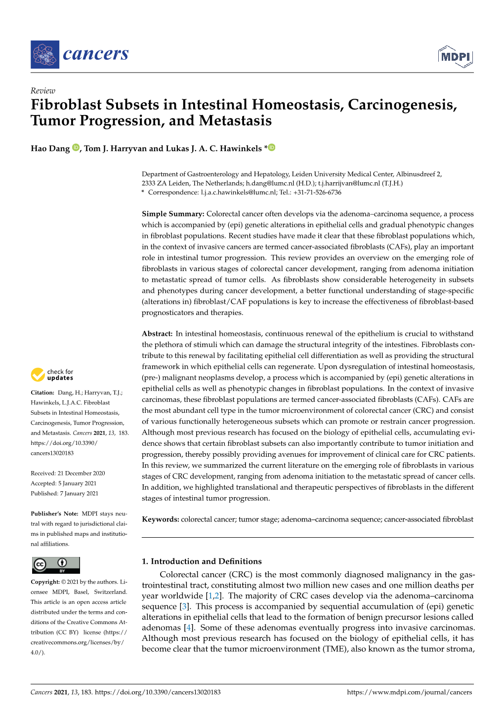 Fibroblast Subsets in Intestinal Homeostasis, Carcinogenesis, Tumor Progression, and Metastasis