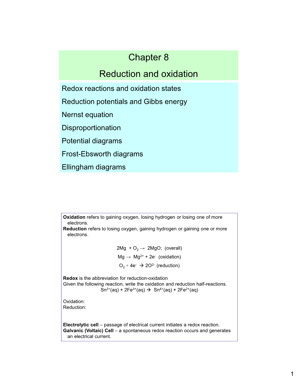 Chapter 8 Reduction and Oxidation