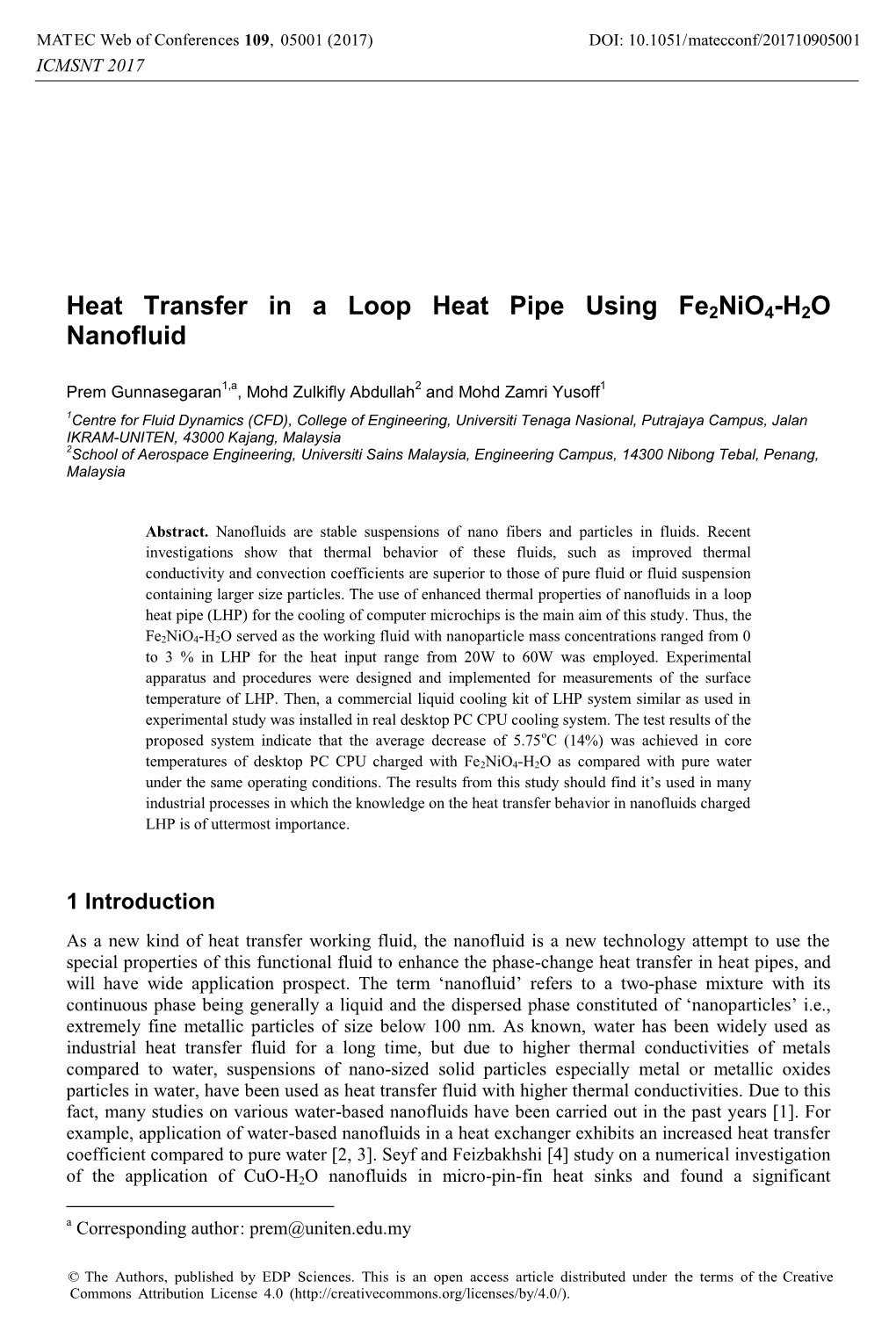 Heat Transfer in a Loop Heat Pipe Using Fe2nio4-H2O Nanofluid