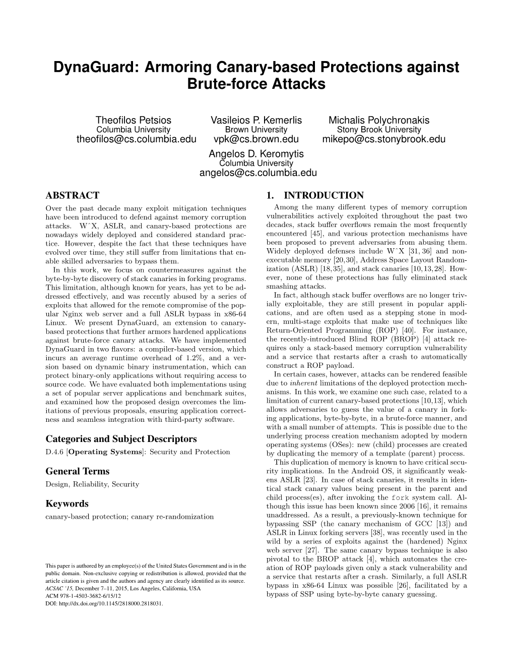 Dynaguard: Armoring Canary-Based Protections Against Brute-Force Attacks