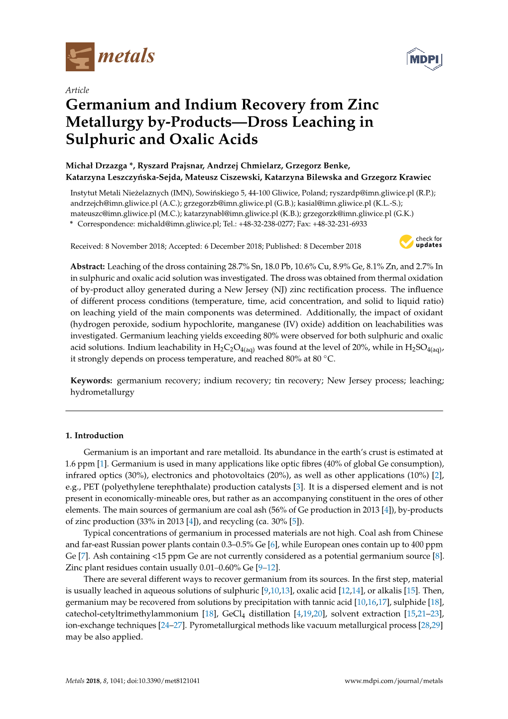 Germanium and Indium Recovery from Zinc Metallurgy By-Products—Dross Leaching in Sulphuric and Oxalic Acids