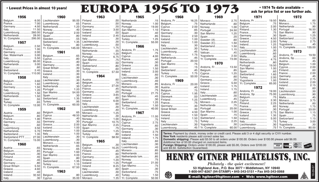 EUROPA 1956 to 1973 Ask for Price List Or See Further Ads