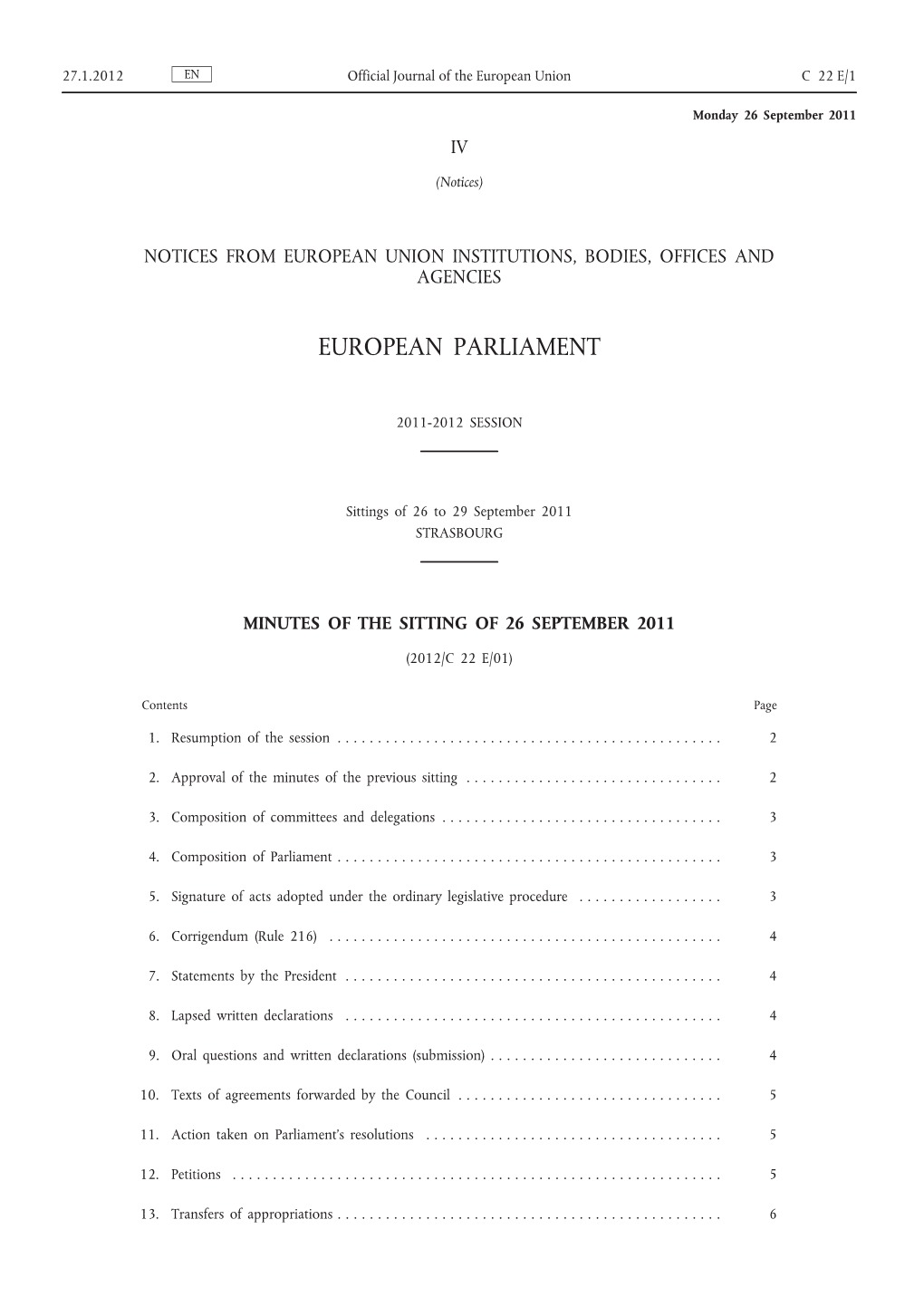 Minutes of the Sitting of 26 September 2011