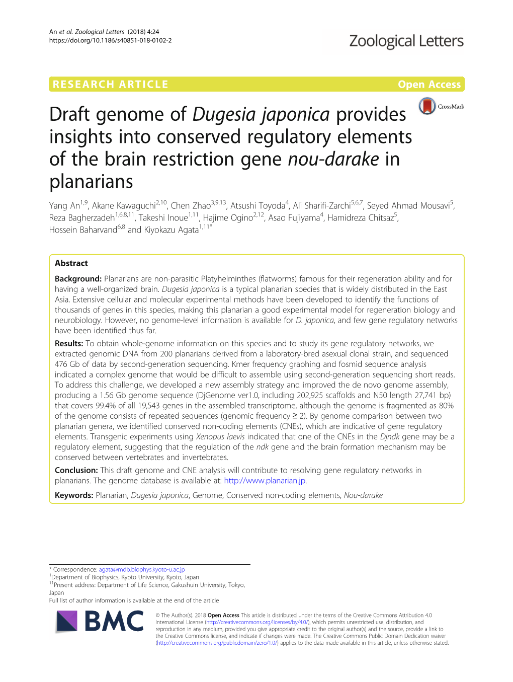 Draft Genome of Dugesia Japonica Provides Insights Into Conserved