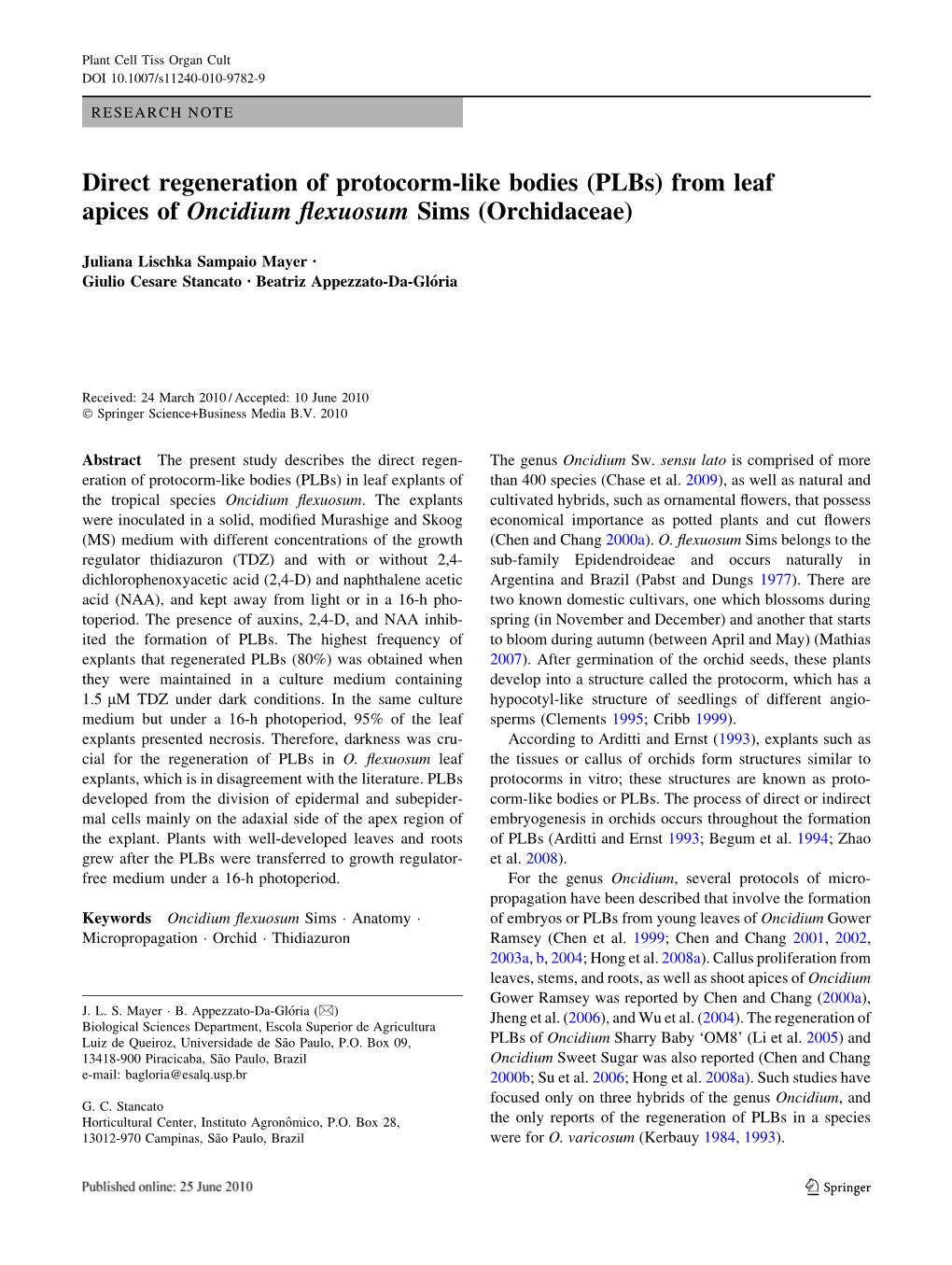 Plbs) from Leaf Apices of Oncidium Flexuosum Sims (Orchidaceae