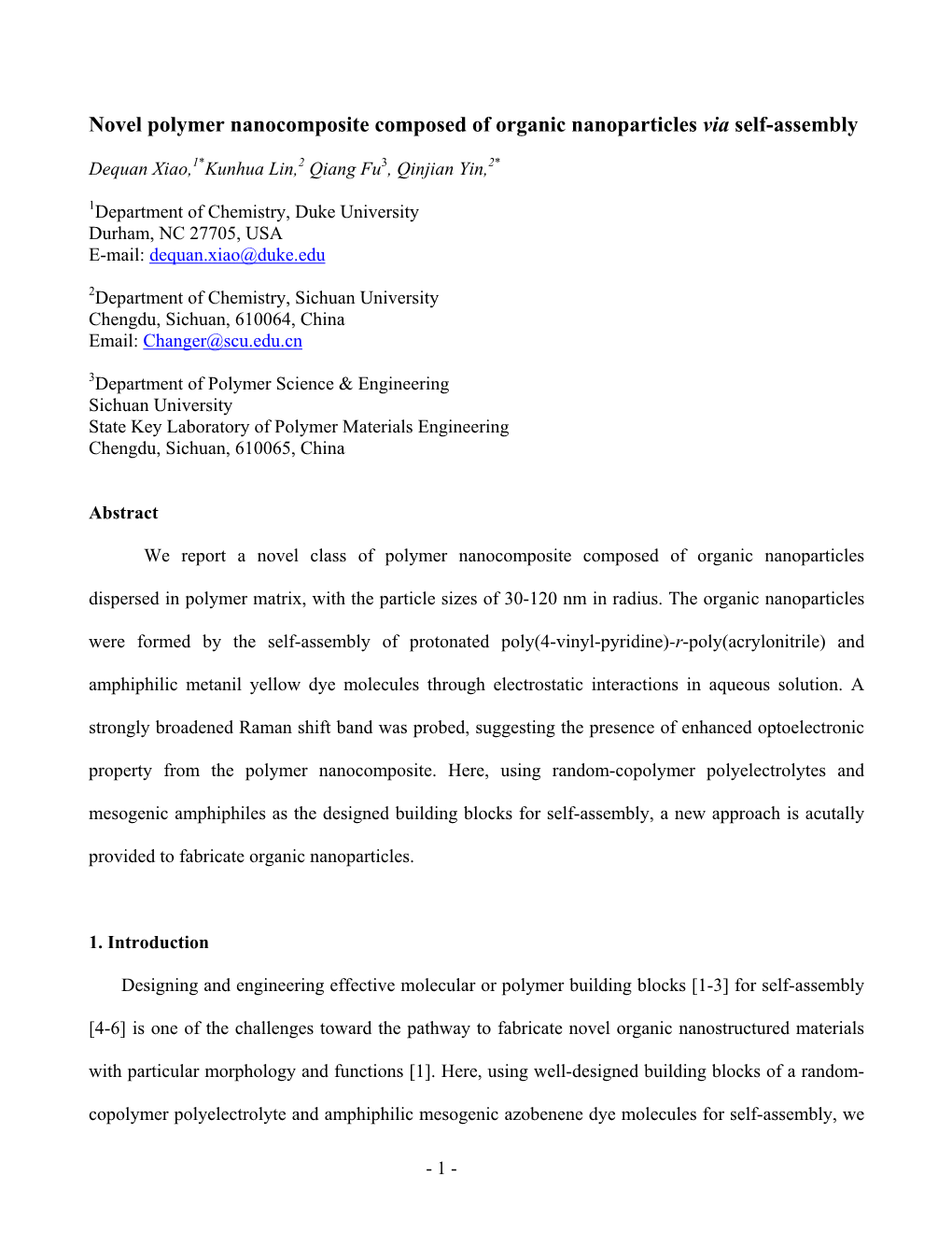 Novel Polymer Nanocomposite Composed of Organic Nanoparticles Via Self-Assembly