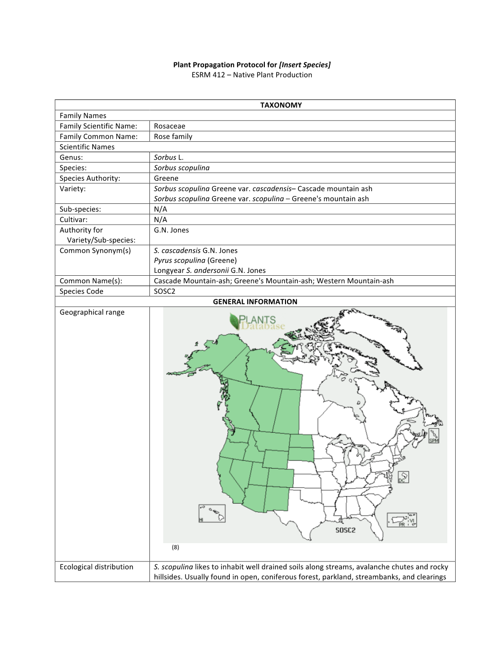 Plant Propagation Protocol for [Insert Species] ESRM 412 – Native Plant Production