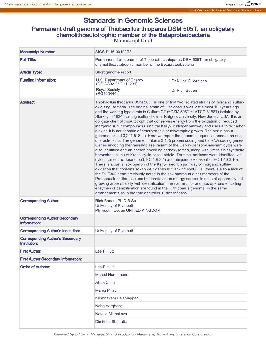 Standards in Genomic Sciences