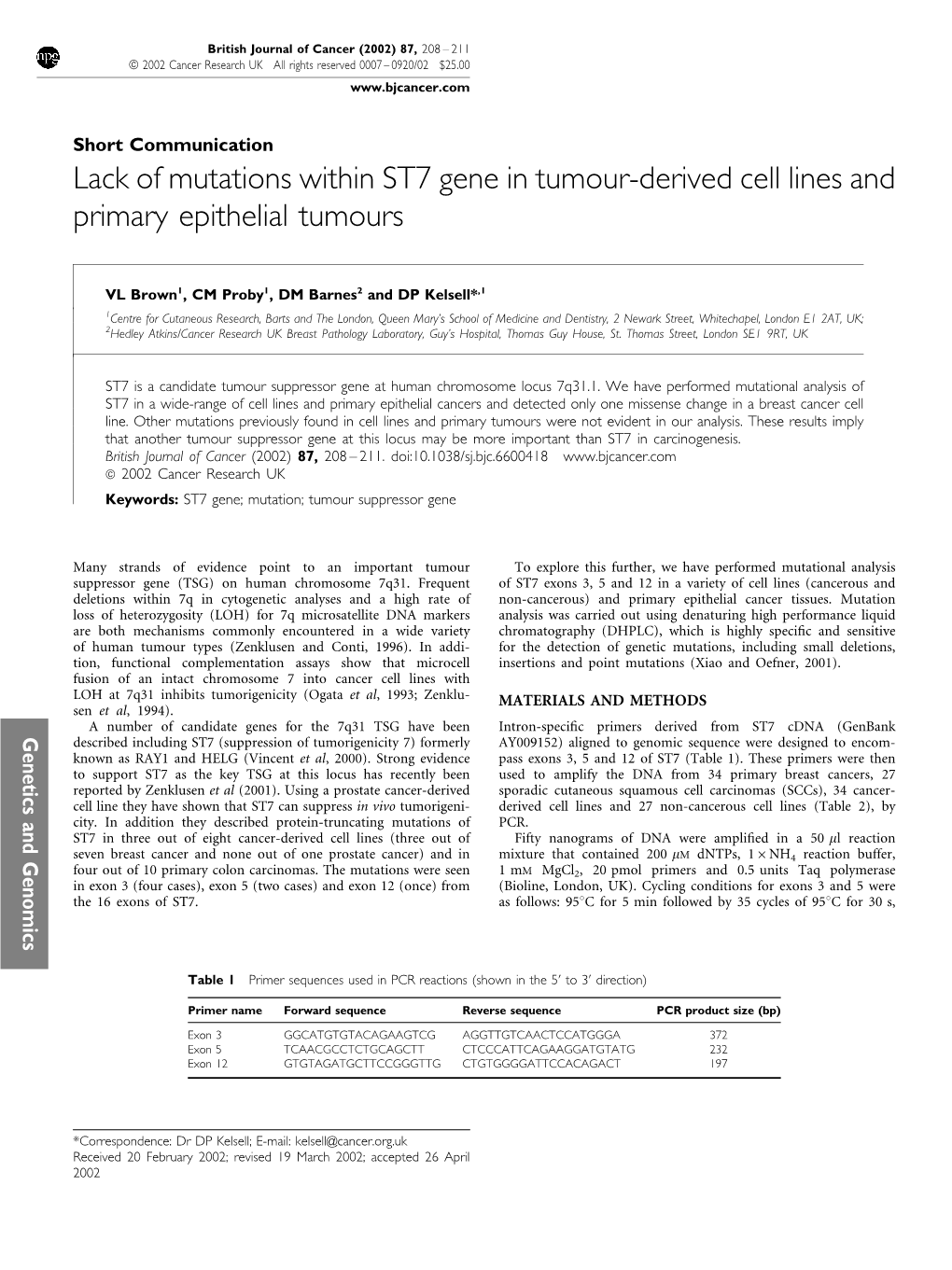 Lack of Mutations Within ST7 Gene in Tumour-Derived Cell Lines and Primary Epithelial Tumours
