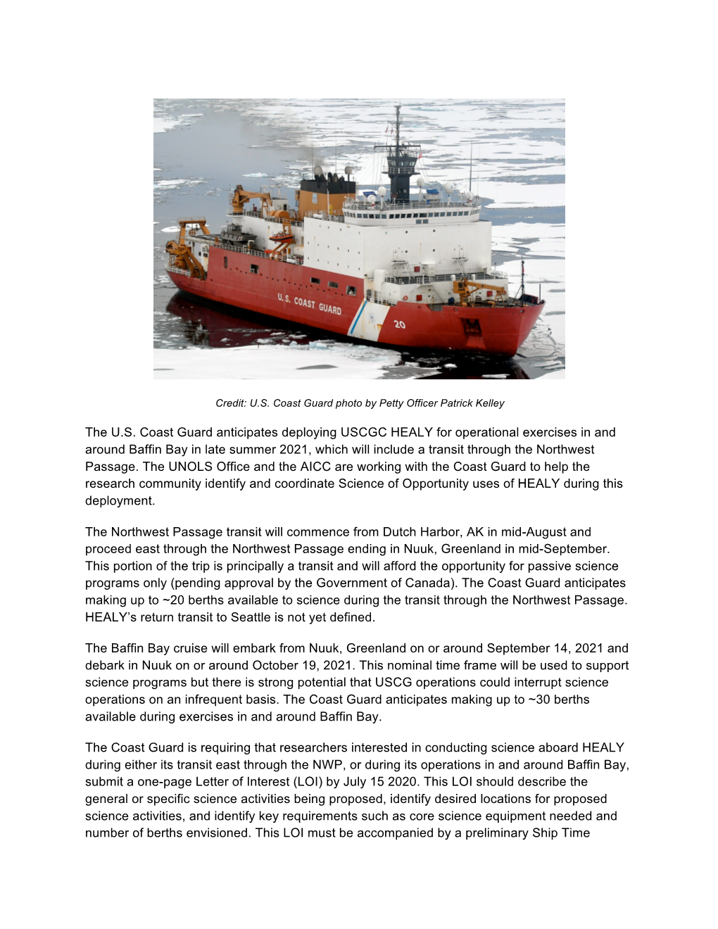 The U.S. Coast Guard Anticipates Deploying USCGC HEALY For