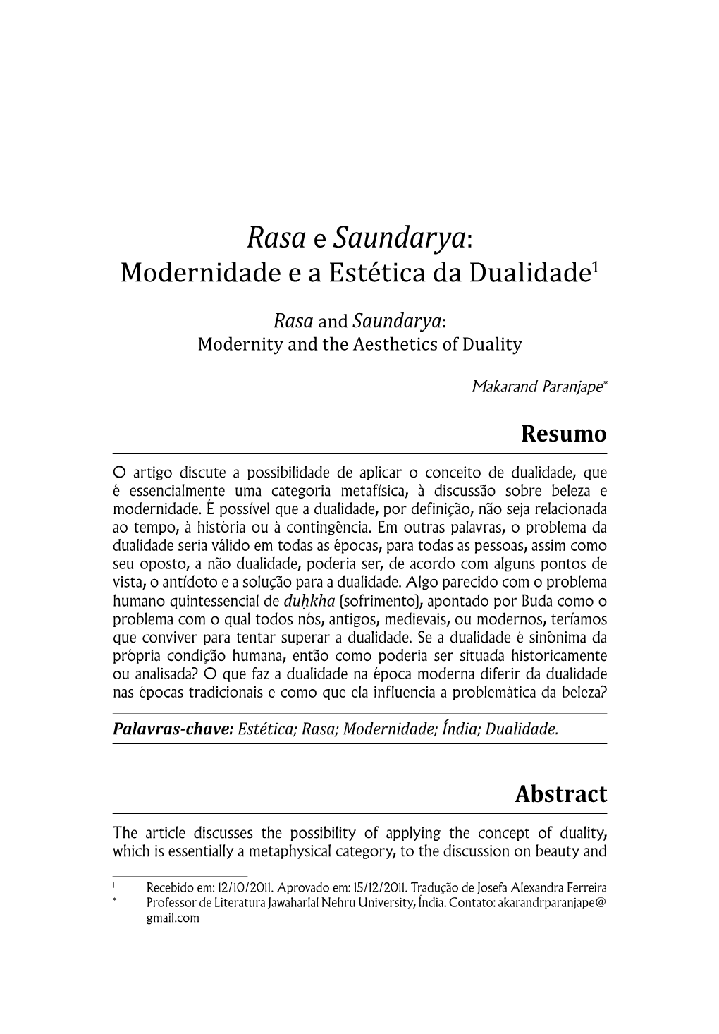 Rasa E Saundarya: Modernidade E a Estética Da Dualidade1