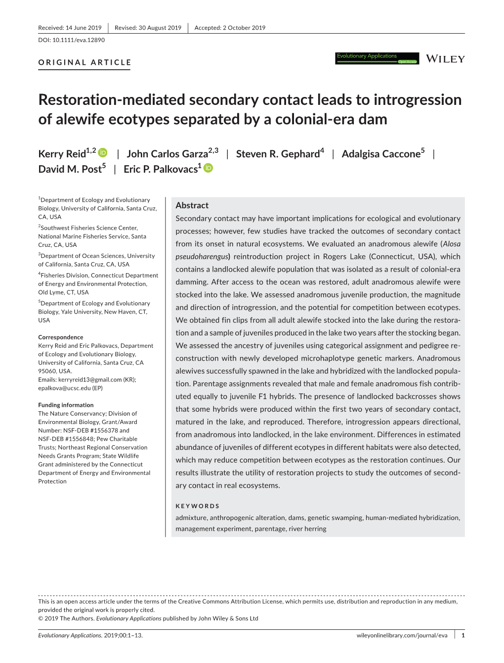 Mediated Secondary Contact Leads to Introgression of Alewife Ecotypes Separated by a Colonial-Era Dam