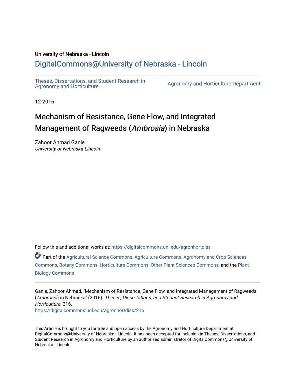 Mechanism of Resistance, Gene Flow, and Integrated Management of Ragweeds (Ambrosia) in Nebraska